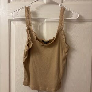 Fashion Nova Lace-Trim Beige Ribbed Cropped Camisole